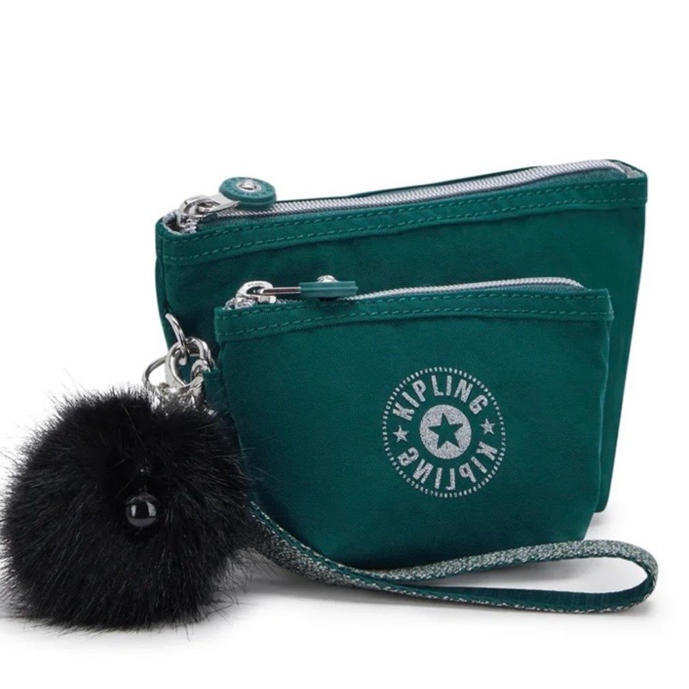 Kipling Green Wristlet Duo with Black Pom Pom